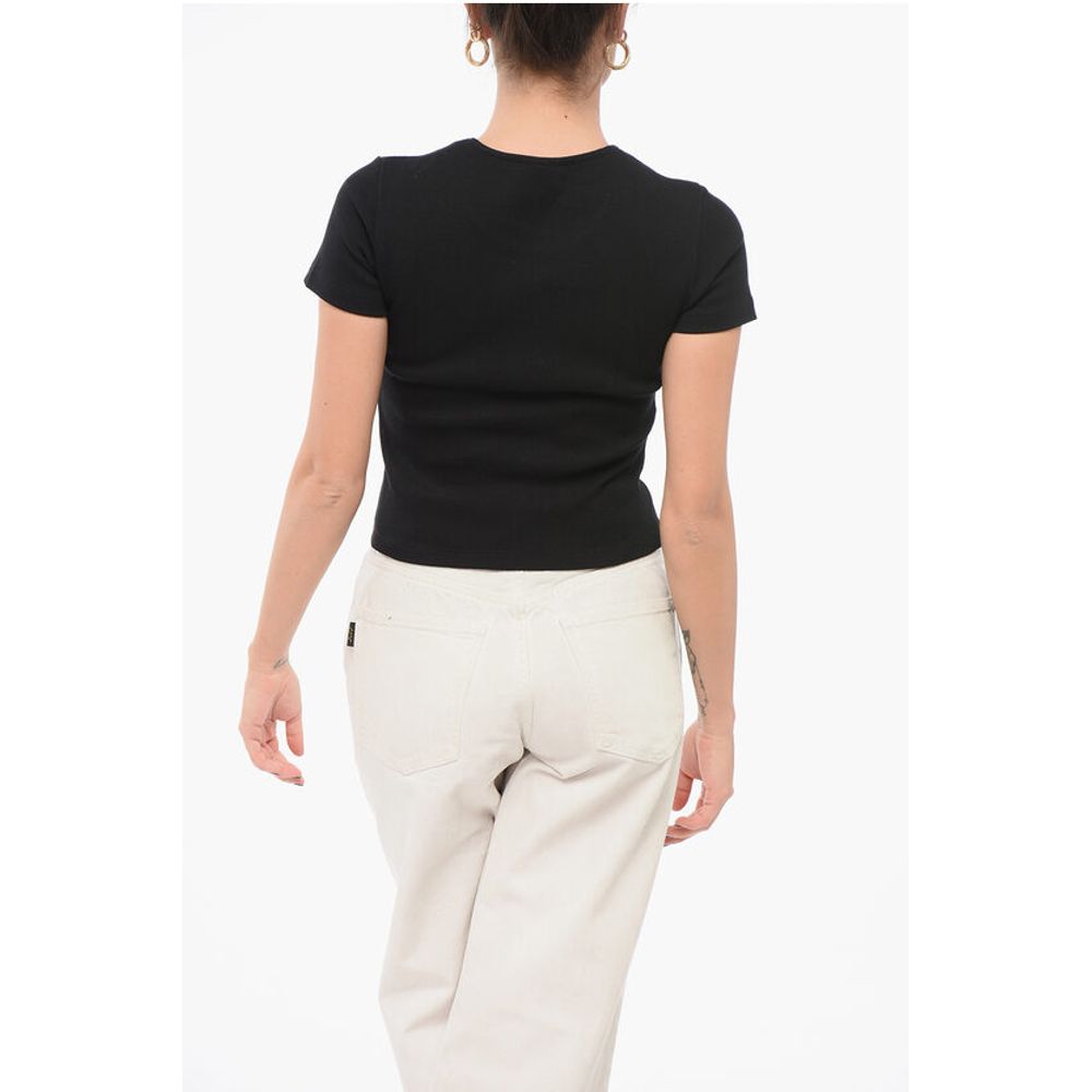 Blumarine Ribbed Crop T-Shirt with Rhinestoned Logo