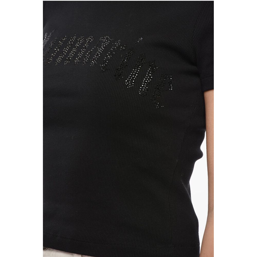 Blumarine Ribbed Crop T-Shirt with Rhinestoned Logo