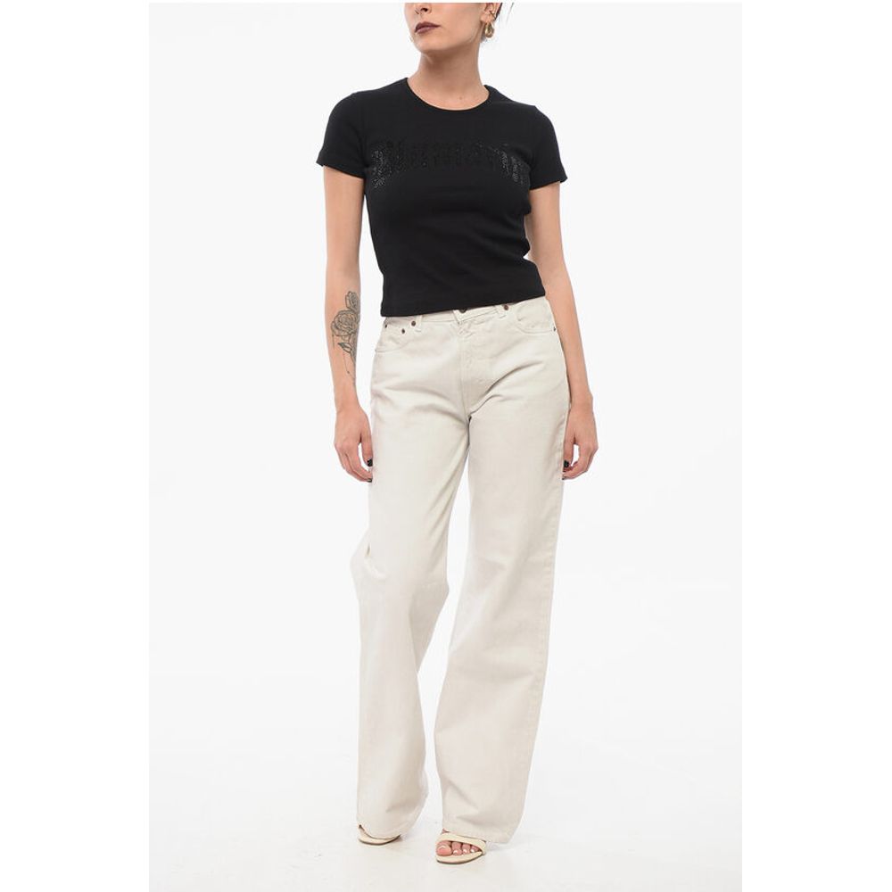 Blumarine Ribbed Crop T-Shirt with Rhinestoned Logo