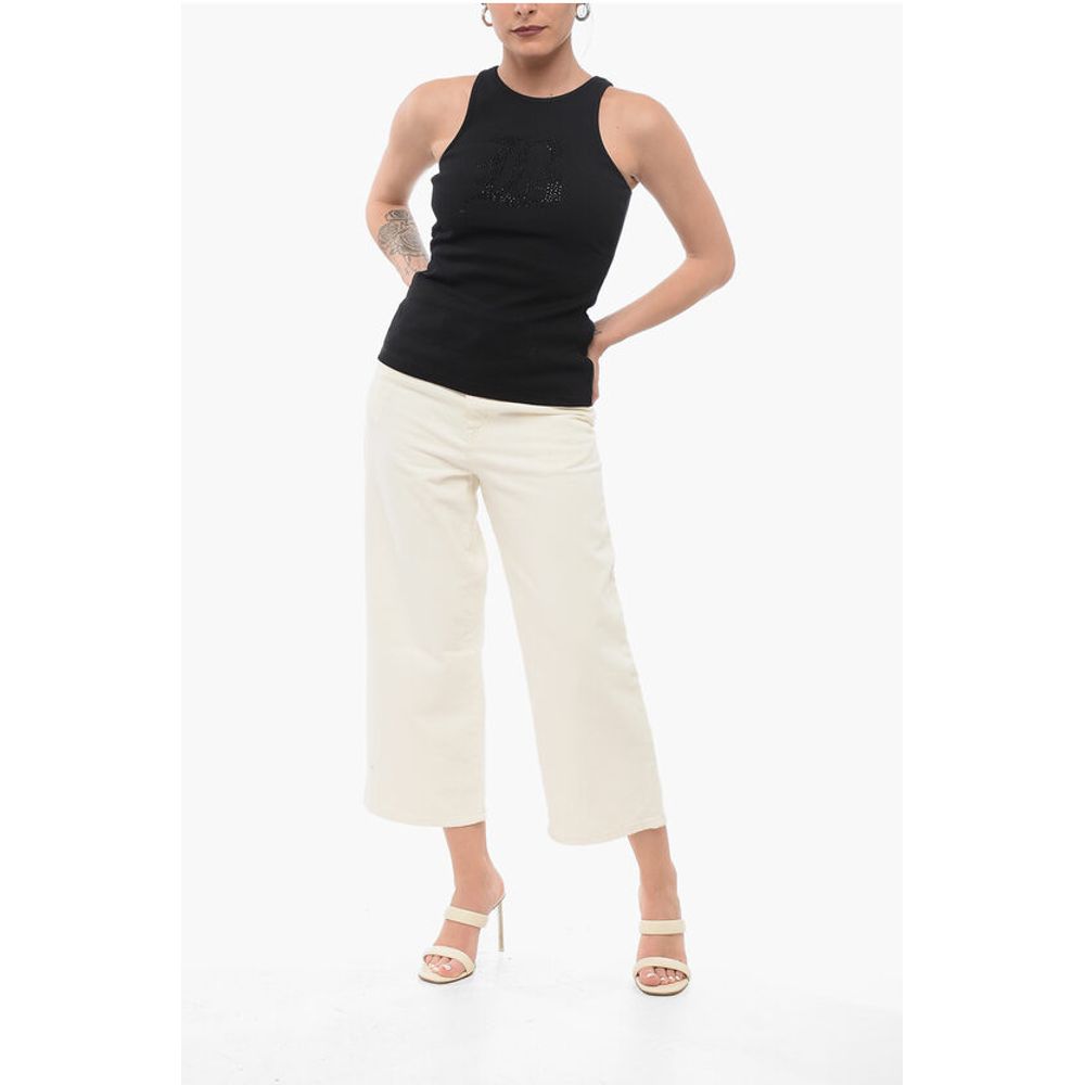 Blumarine Ribbed Tank Top with Rhinestoned Logo