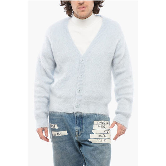 1989 Studio Solid Color V-Neck Fuzzy Cardigan with Embroidered Logo