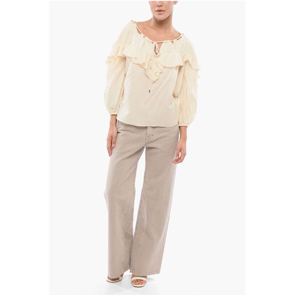 PINKO Solid Color Cotton and Silk BONES Blouse with Ruffles