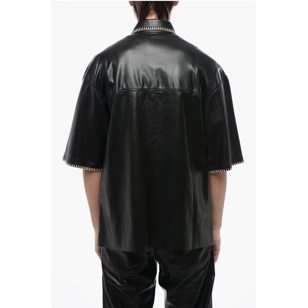 Nanushka Short Sleeved Faux Leather Shirt with Raffia Stitching