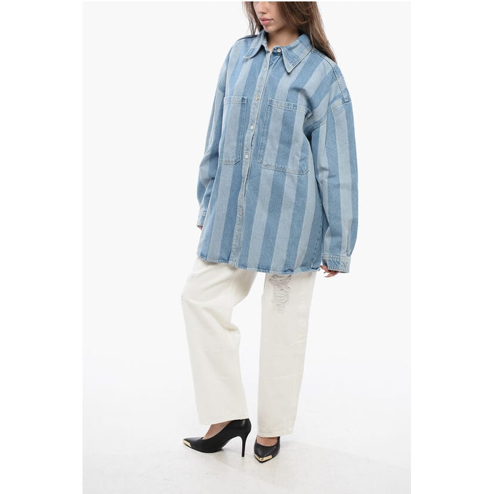 Nanushka Awning Striped Denim BEAUX Overshirt with Logo Buttons