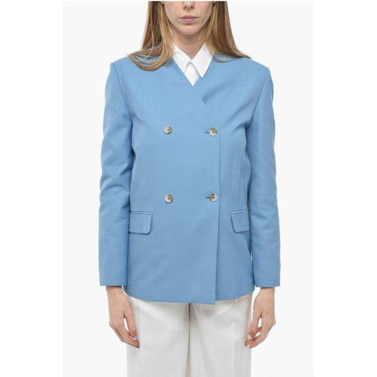 Loulou Studio Double-breasted Lapel-less Flax Blend Blazer