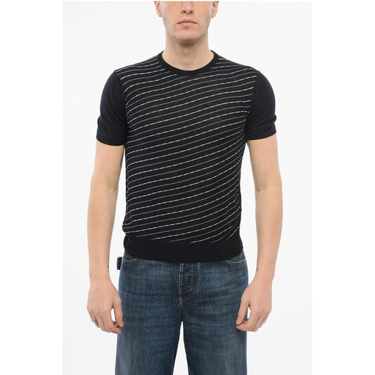 Corneliani Short Sleeved Striped Silk and Linen Crewneck Sweater