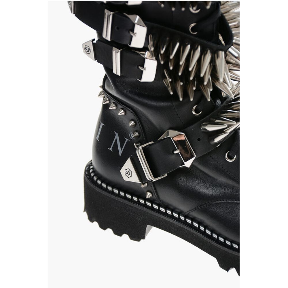 Philipp Plein Leather Lace-up Boots with All-Over Studs 4.5cm