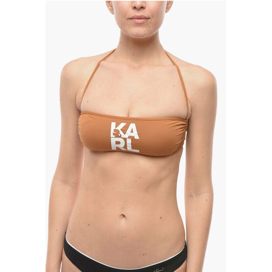 Karl Lagerfeld Solid Color Bandeau Bikini Top with Printed Contrasting Logo