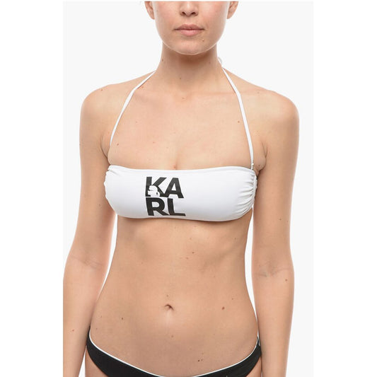 Karl Lagerfeld Solid Color Bandeau Bikini Top with Printed Contrasting Logo