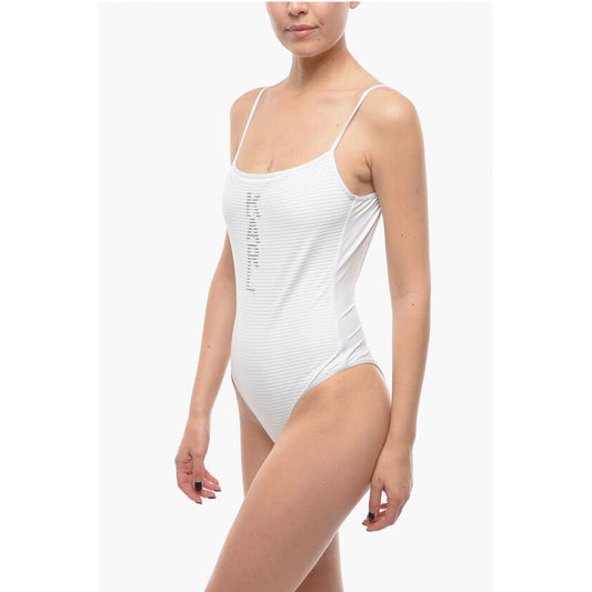 Karl Lagerfeld Solid Color One Piece Swimsuit with Printed Contrasting Logo