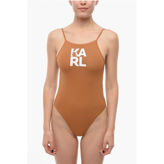 Karl Lagerfeld Solid Color One-Piece Swimsuit with Printed Logo