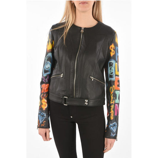 Philipp Plein COUTURE Leather Jacket GRAFFITI with Printed Sleeves