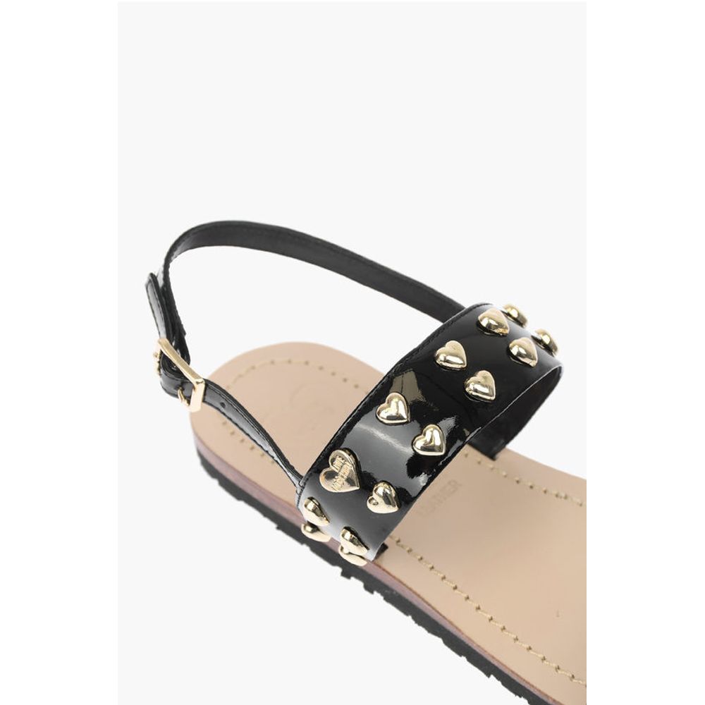 Moschino LOVE Patent Leather Flat Sandals with Heart Studs