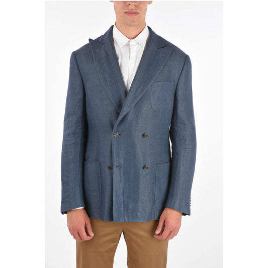 Corneliani Silk and Flax GATE Side Vents Peak Lapel Double-Breasted Bla