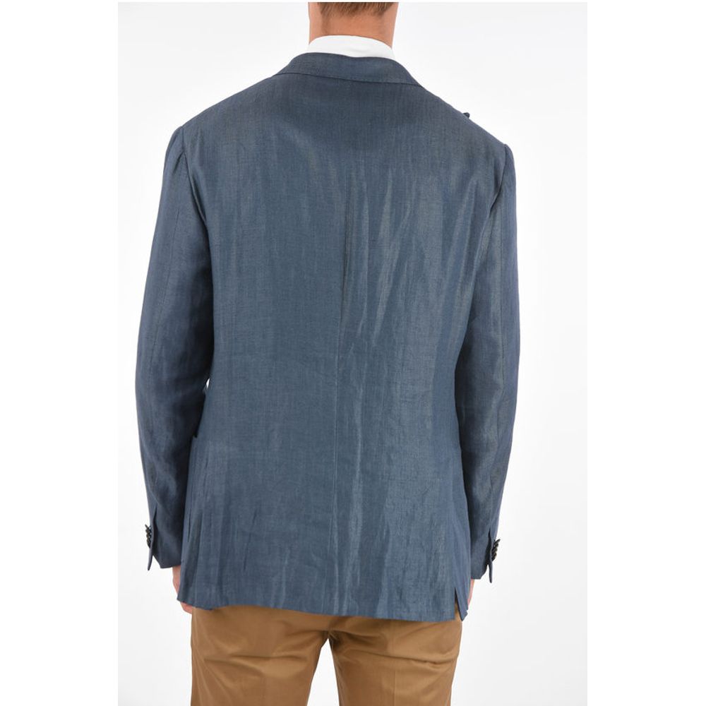 Corneliani Silk and Flax GATE Side Vents Peak Lapel Double-Breasted Bla