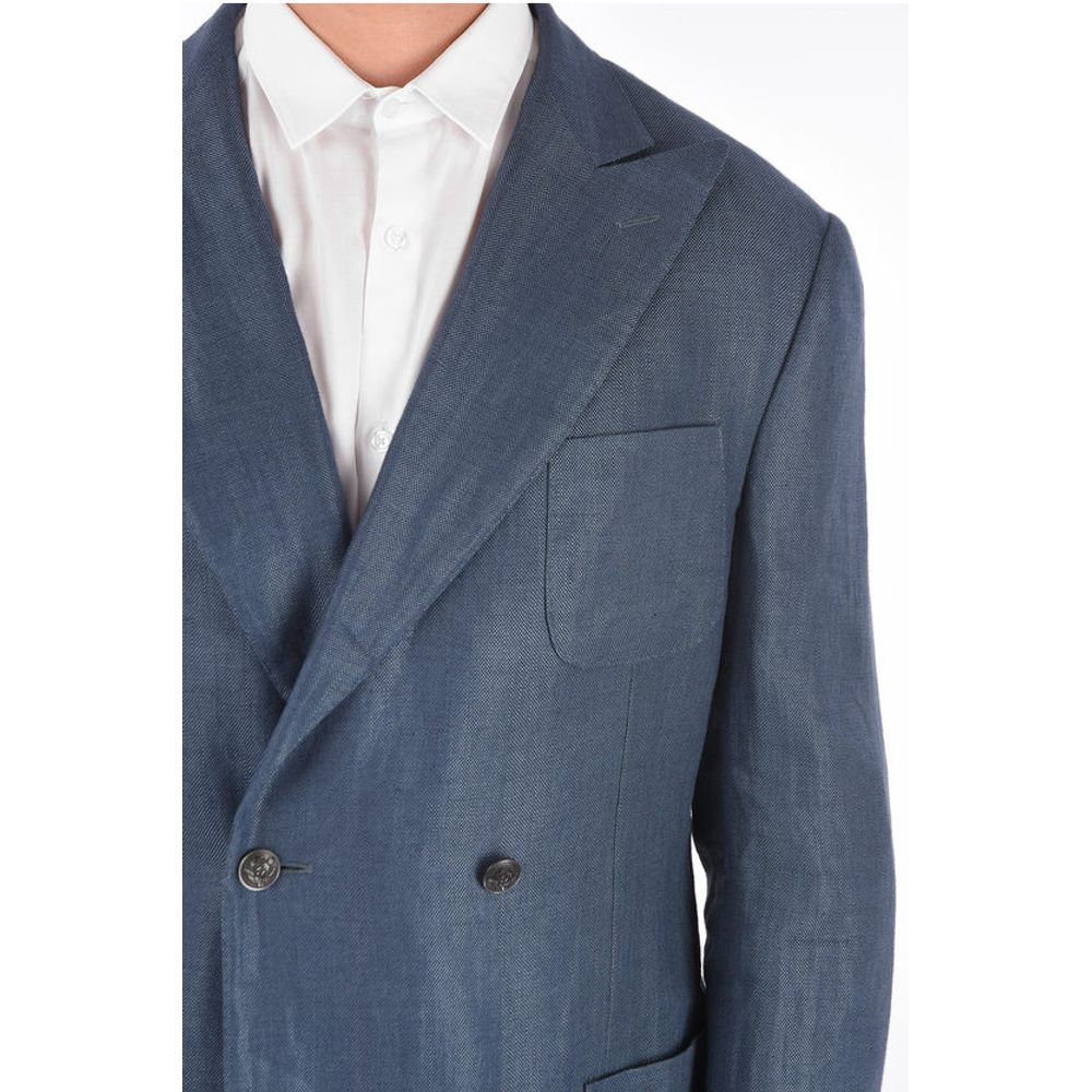Corneliani Silk and Flax GATE Side Vents Peak Lapel Double-Breasted Bla