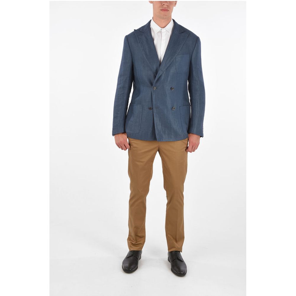 Corneliani Silk and Flax GATE Side Vents Peak Lapel Double-Breasted Bla