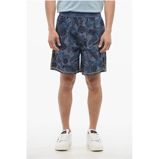Diesel Plant Motif Lightweight Cotton Shorts with Logoed Elastic Ba