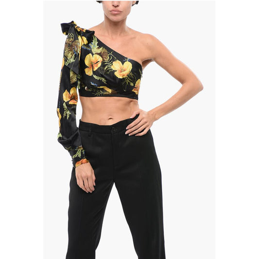 Philipp Plein COUTURE Floral Patterned Silk One-Shoulder Crop Top with Bow