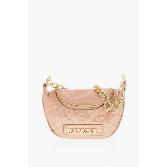 Moschino LOVE Quilted Shiny Faux Leather Crossbody Bag with Golden Ch