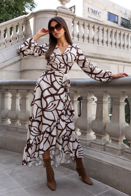 ANNA dolga obleka - bež in rjava