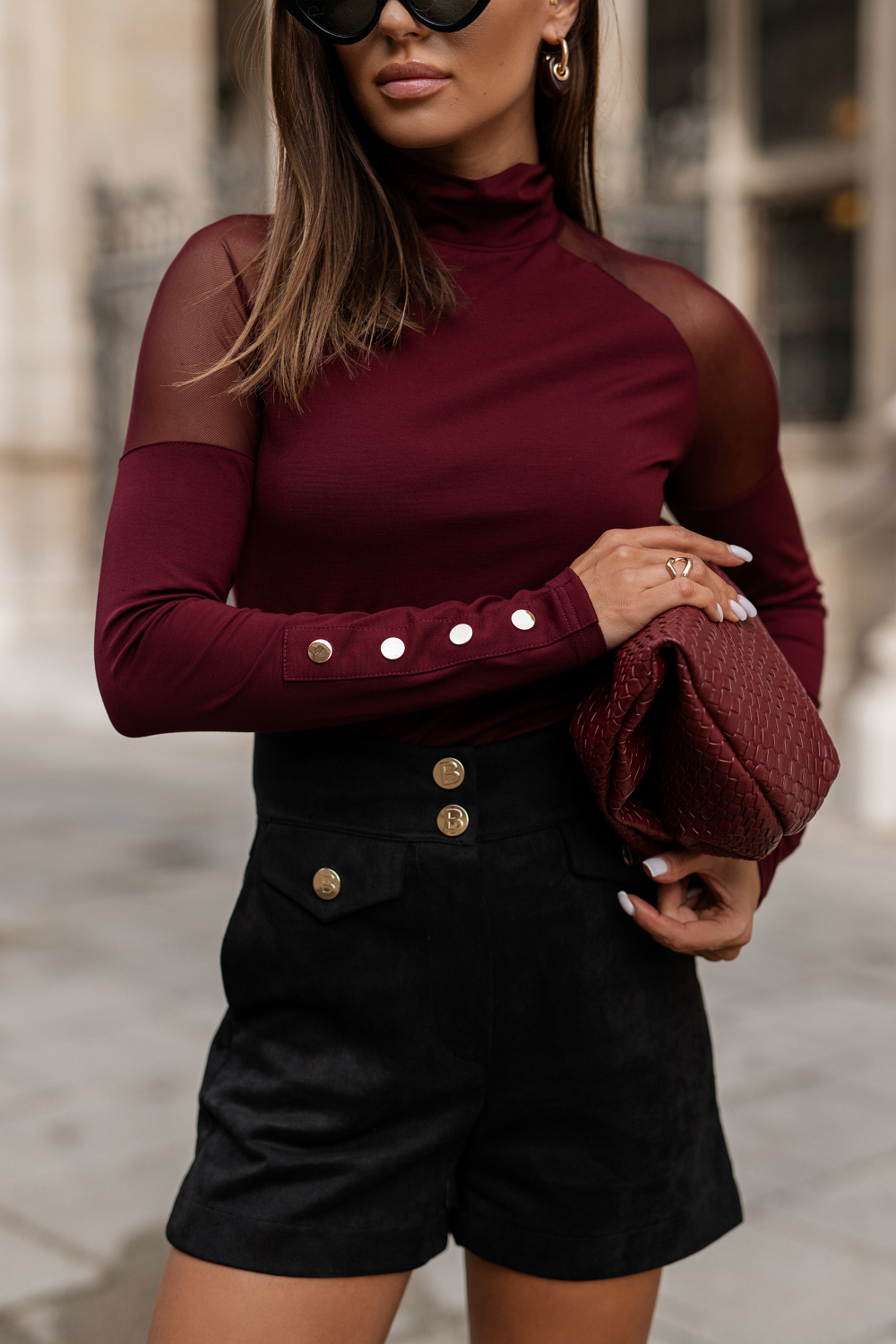 Bluza/Puli vratni izrez z zlatimi gumbi - Burgundska rdeča